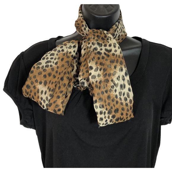 Long Animal Leopard Print Scarf, Brown and Black Sheer Rectangle Retro Pinup - Picture 3 of 7